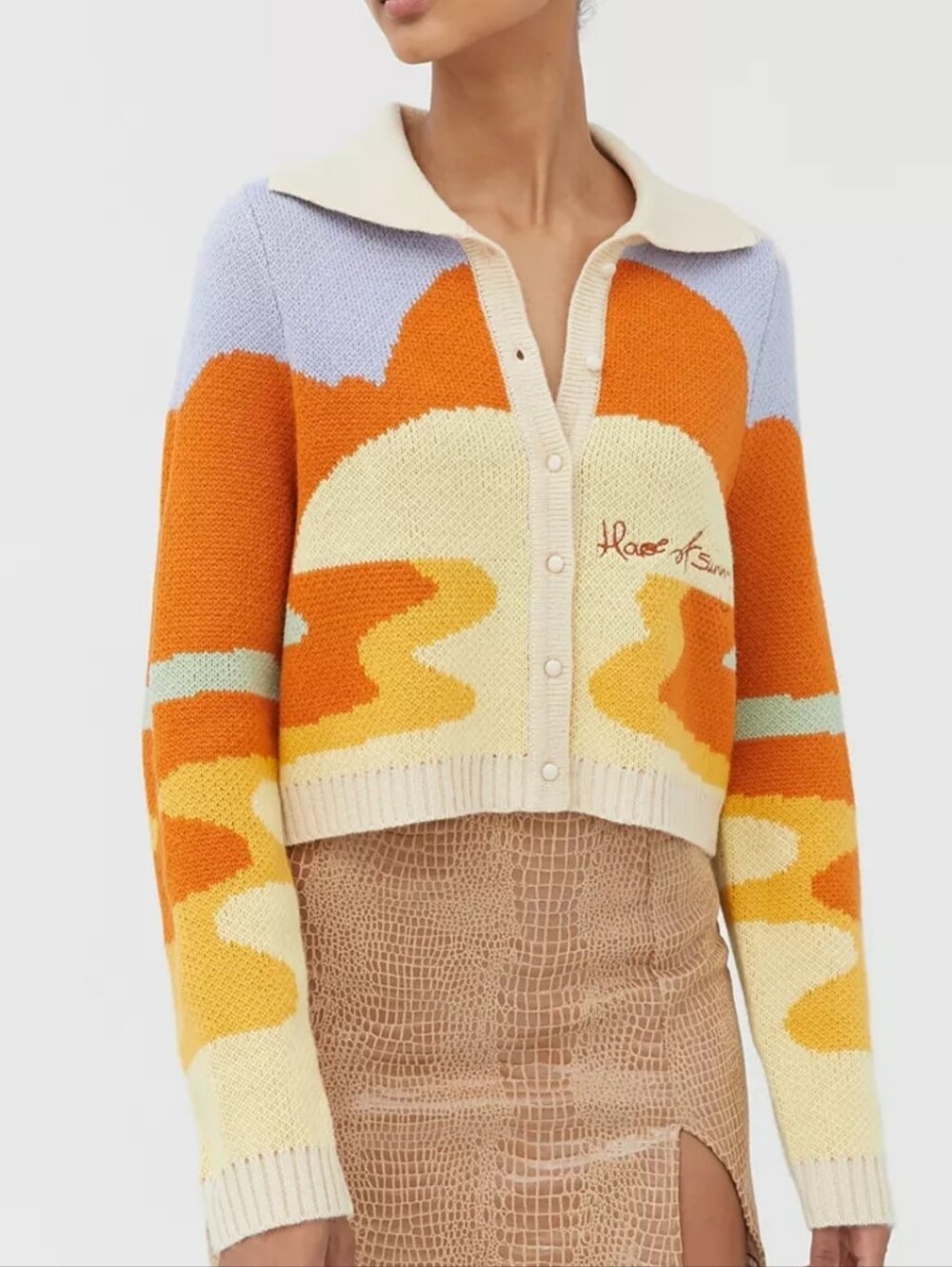 House of Sunny Day Tripper Jaquard Sunset Colourblock Cropped Cardigan Dupe